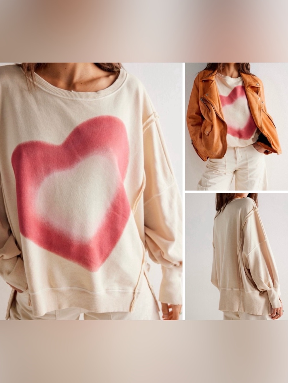 NWOT Free People We The Free Graphic Camden Sweatshirt- airbrush spray heart - L